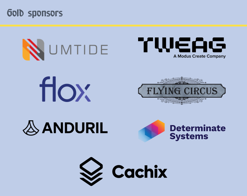 NixCon Gold Sponsorship tier: Numtide, Tweag, Flox, Flying Circus, Anduril, Determinate Systems, and Cachix.