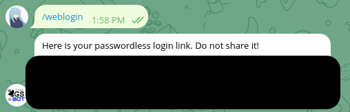 Sending /login command to bot to get passwordless login link.